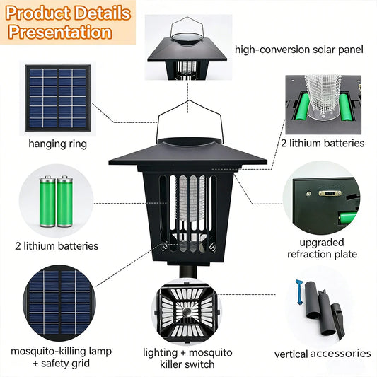 Solar-Powered UV Bug Zapper – Outdoor & Indoor Waterproof Mosquito Killer Lamp with Portable Cordless Design