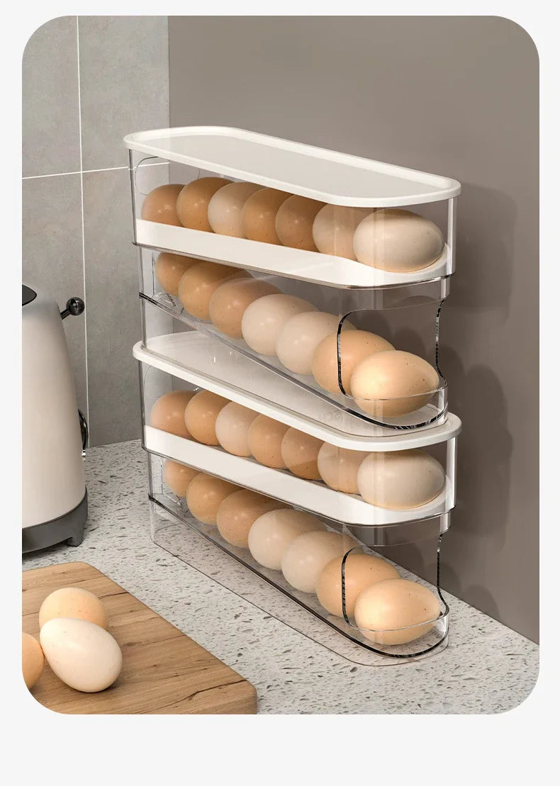 Sliding Egg Holder for Refrigerator – Auto-Rolling Egg Tray Organizer with 18-Slot Storage Rack