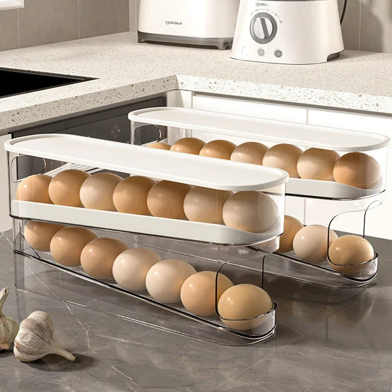 Sliding Egg Holder for Refrigerator – Auto-Rolling Egg Tray Organizer with 18-Slot Storage Rack