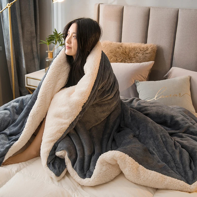 Premium Wool Throw Blanket – Double-Sided Warm Winter Duvet Cover for Bed, Sofa & Camping
