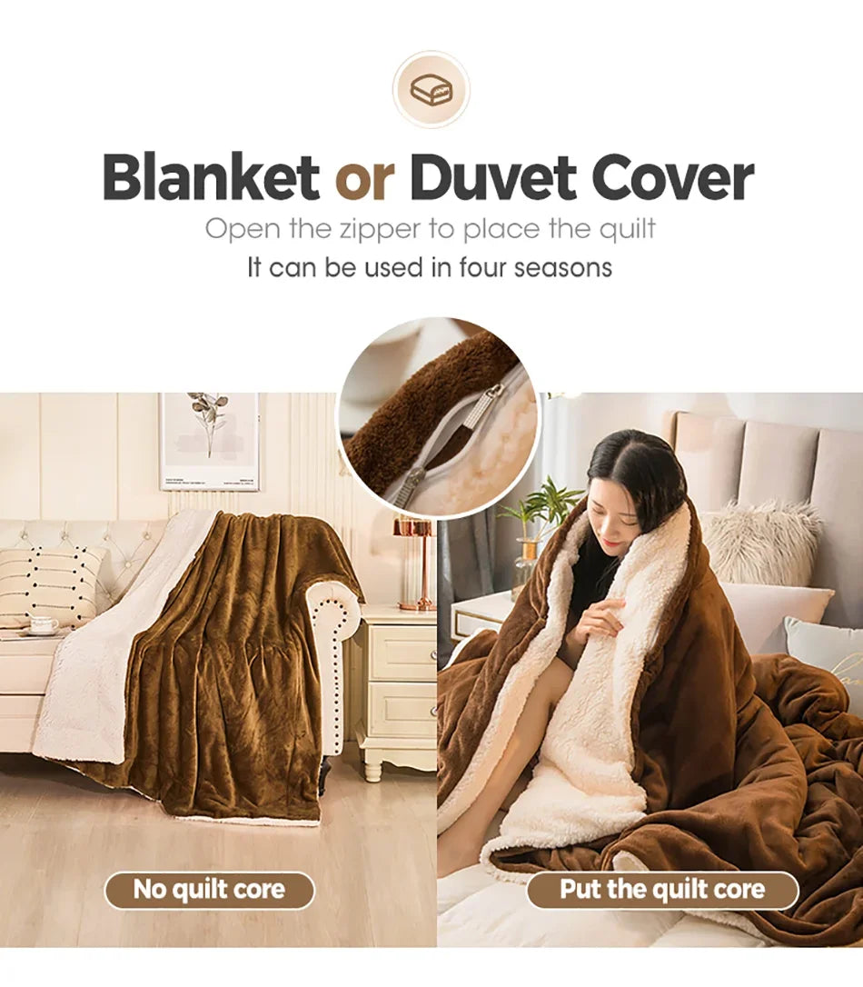 Premium Wool Throw Blanket – Double-Sided Warm Winter Duvet Cover for Bed, Sofa & Camping