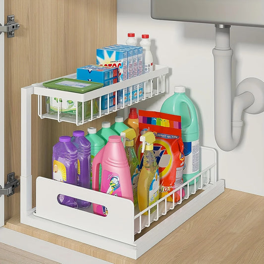 2-Tier Sliding Under Sink Organizer | Rustproof Metal Cabinet Storage