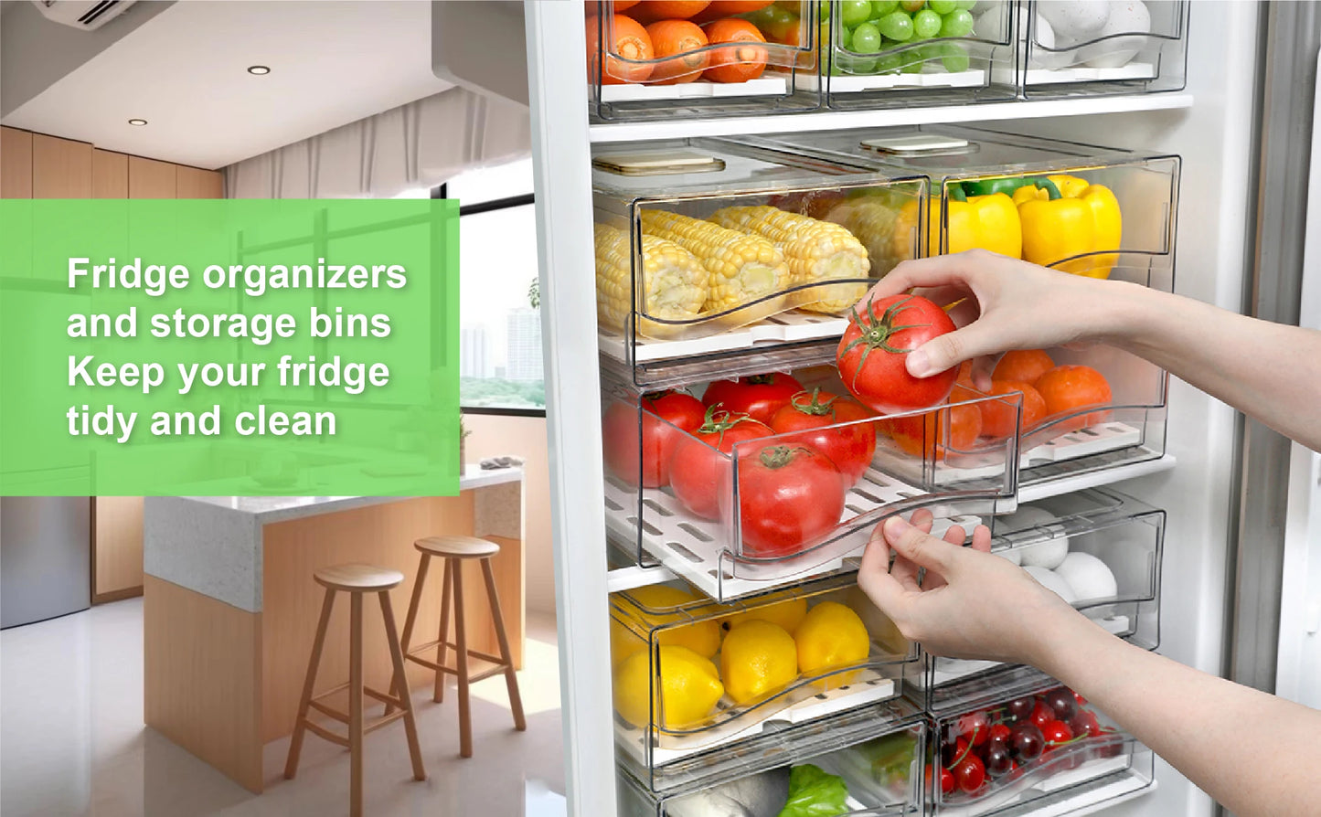 Fridge Organizer, Stackable Refrigerator Organizer Bins Reusable Food Storage Containers Fridge Drawer Organizer in Home Kitchen
