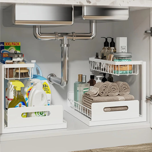 2-Tier Sliding Under Sink Organizer | Rustproof Metal Cabinet Storage