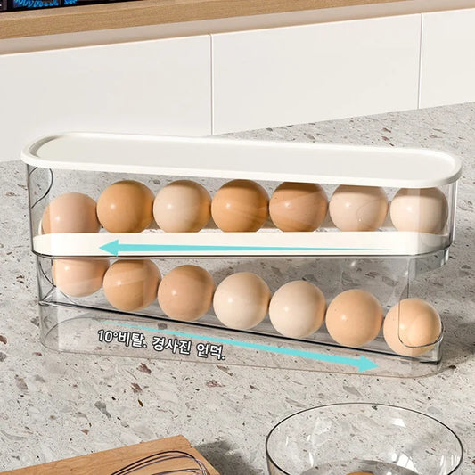 Sliding Egg Holder for Refrigerator – Auto-Rolling Egg Tray Organizer with 18-Slot Storage Rack