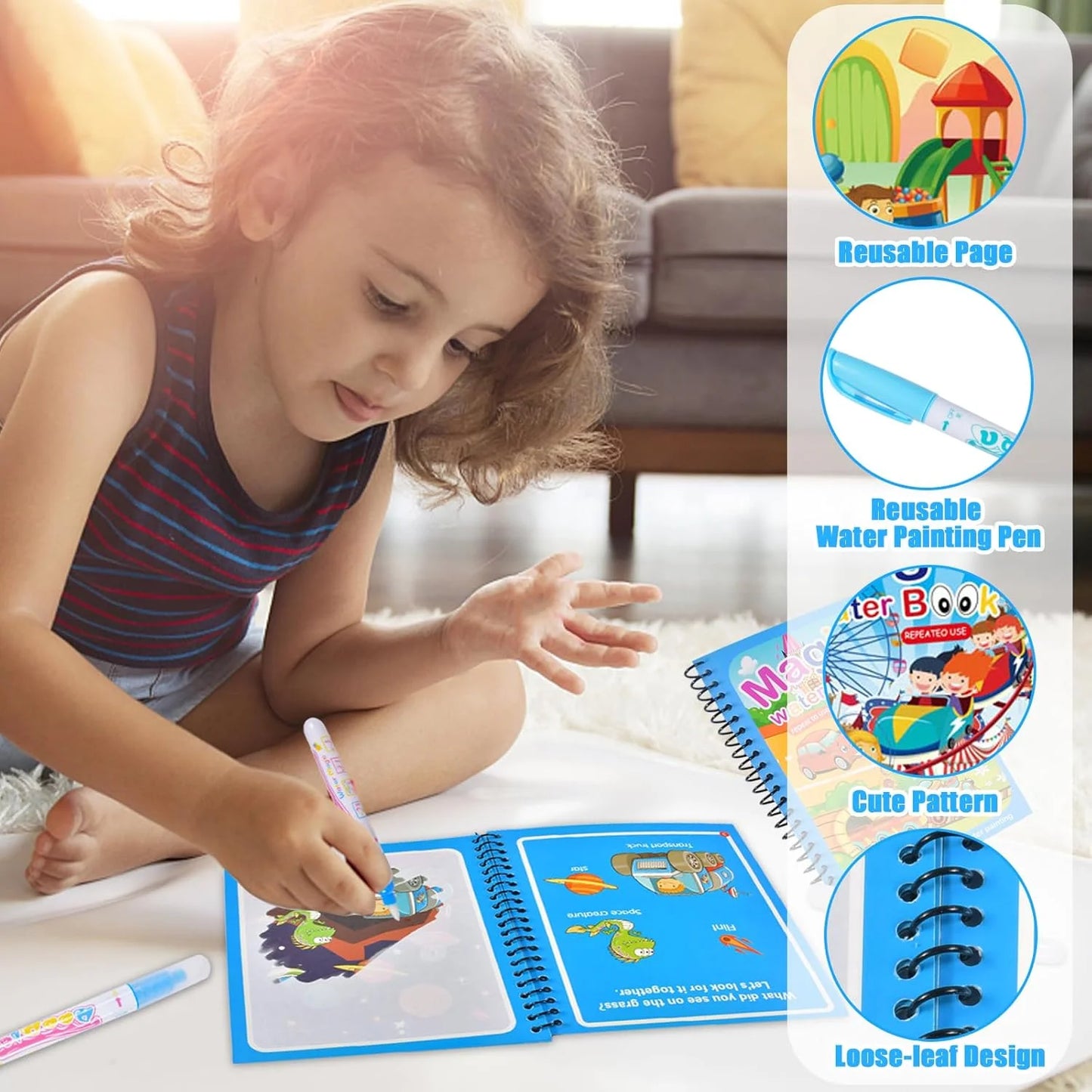 Magic Water Coloring Books for Kids with Refillable Pen – Montessori Drawing Toy Early Education Art Set