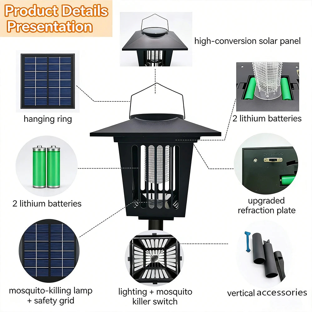 Solar-Powered UV Bug Zapper – Outdoor & Indoor Waterproof Mosquito Killer Lamp with Portable Cordless Design